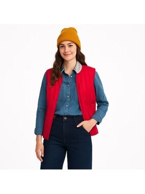 Vintage Simpsons Red Down Puffer Vest Knit Collar Plaid Lining Cottagecore, M